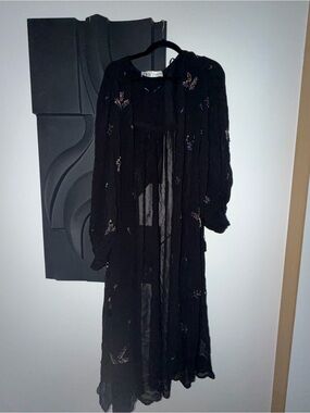 Zara Black Sheer Maxi Duster with Subtle Metallic Embroidery